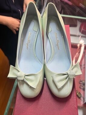 Salvatore Ferragamo Mint Patent Leather bow heel